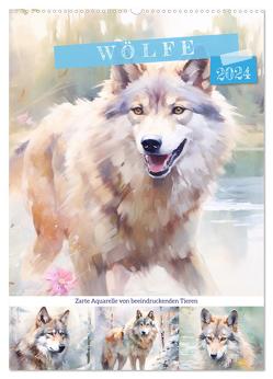 Wölfe. Zarte Aquarelle von beeindruckenden Tieren (Wandkalender 2024 DIN A2 hoch), CALVENDO Monatskalender von Hurley,  Rose